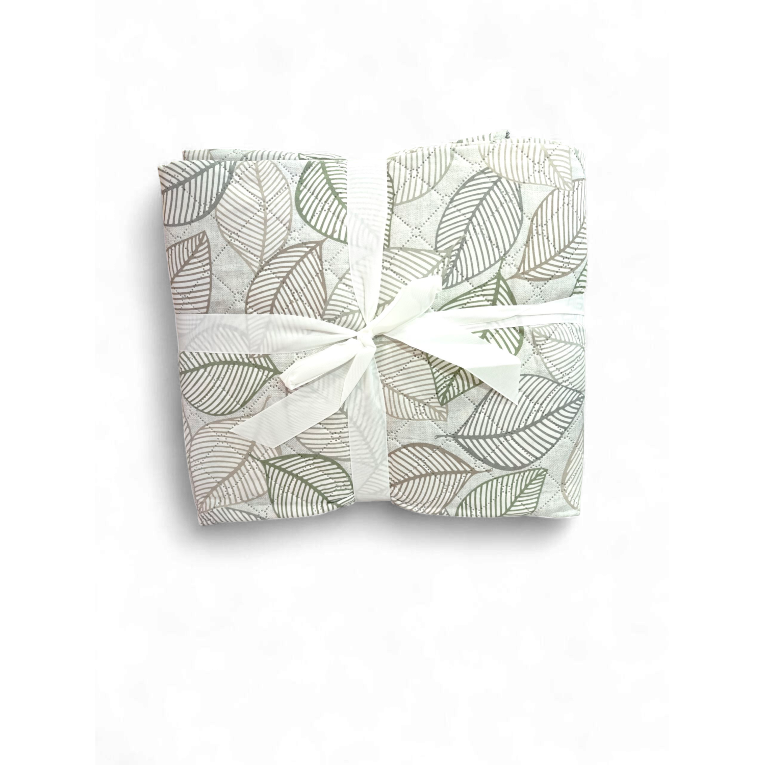 Foglia Verde – Prémium olasz ágytakaró mentazöld-bézs-szürke levelekkel, 220x230 cm