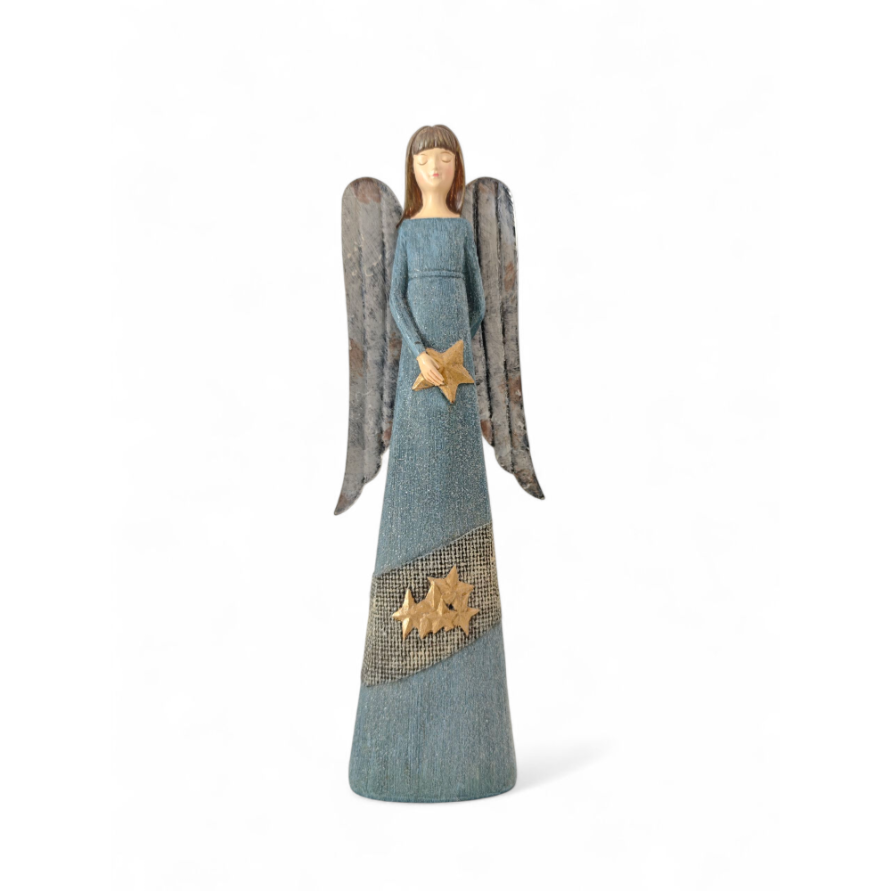 Stella Blu – Kék ruhás, csillagokkal díszített angyal fém szárnyakkal (8x4x25 cm)
